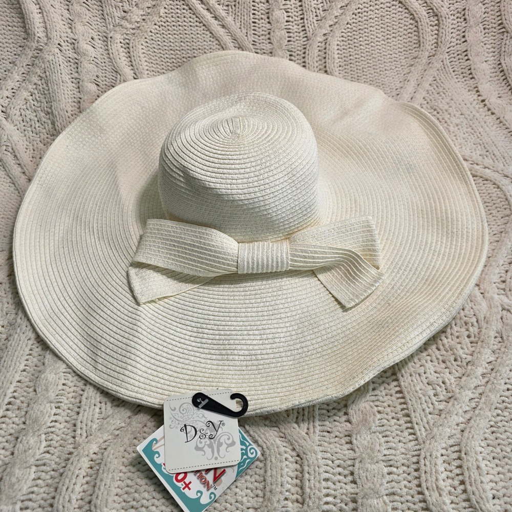 David & Young Sun Hat White EXTRA Wide Brim Bow FLOPPY UPF 50+ Women OSFM New